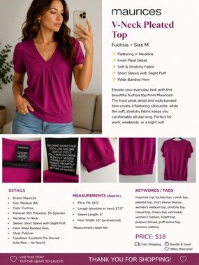 Maurices Bright Magenta V-Neck Pleated Short Sleeve Top